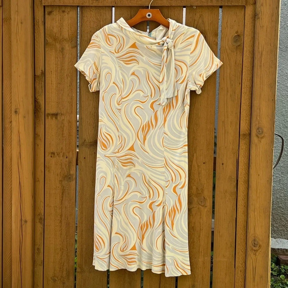 Vintage Dresses & Skirts - Vintage 60’s Swirl Patterned Short-Sleeve Casual Dress Knot Neckline Women’s 12